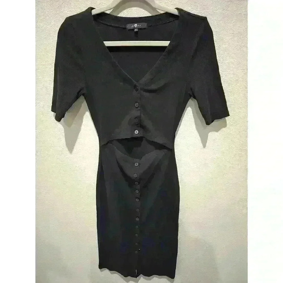 7 For All Mankind Women's Black Bodycon Midi Dress Size S Short Sleeve - Picture 1 of 10